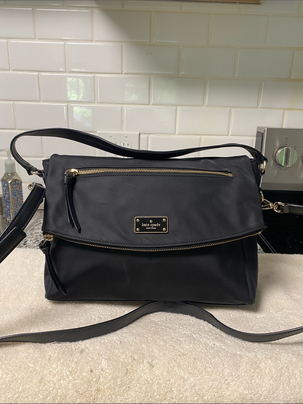 kate spade black nylon crossbody bag with gold hardware